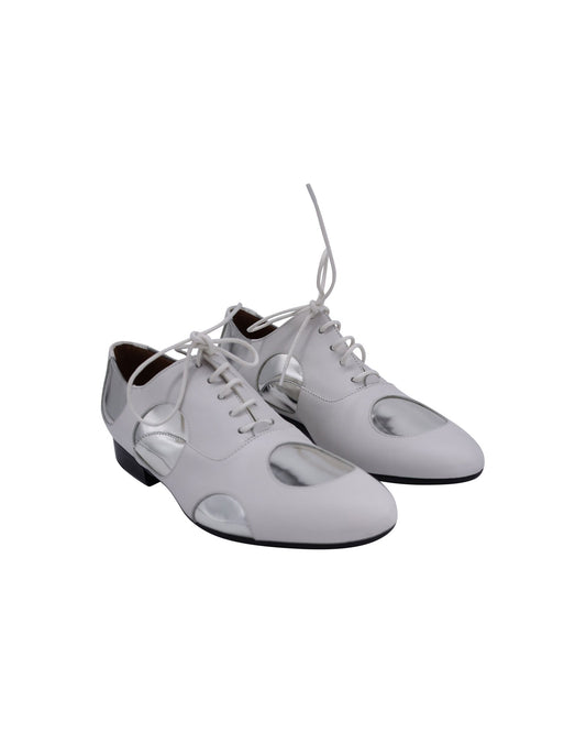 Women's Marni Polka Dot Lace Up Oxfords in White and Silver Leather