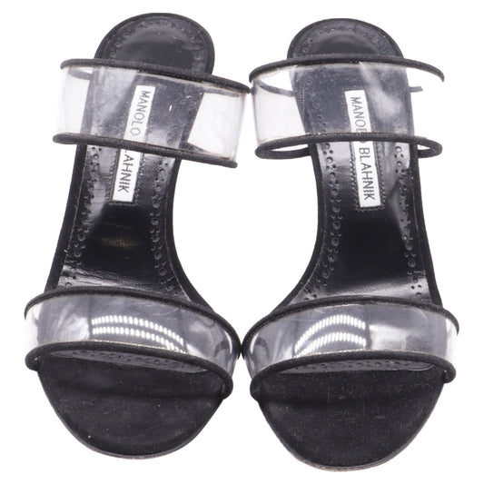 Women's Manolo Blahnik PVC Strap Heeled Mules in Black Suede