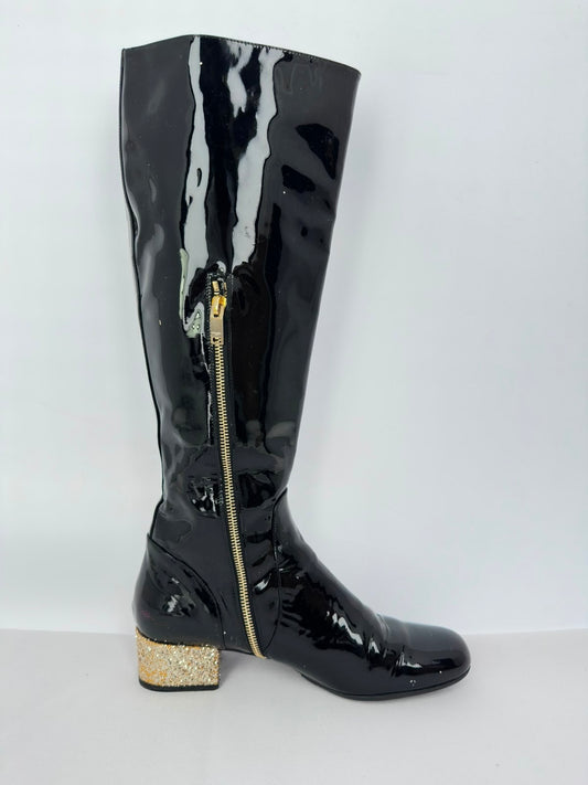 Women's Saint Laurent Glitter Heel Knee High Boots in Black Patent Leather