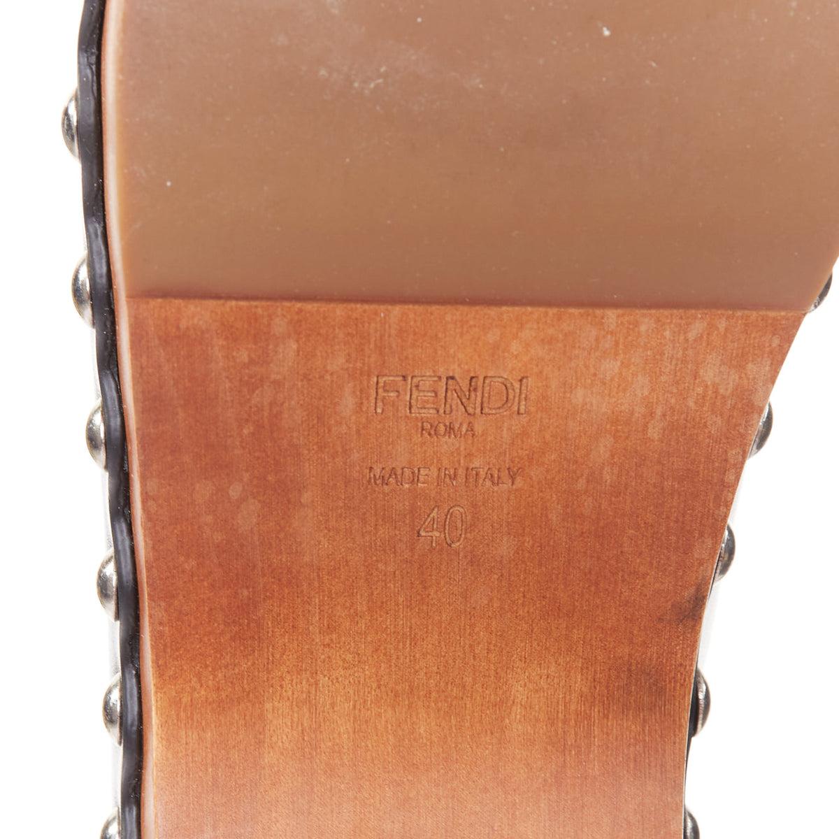 Women's Fendi Hypnoteyes Monster Bag Bug stud brown wooden clog mules