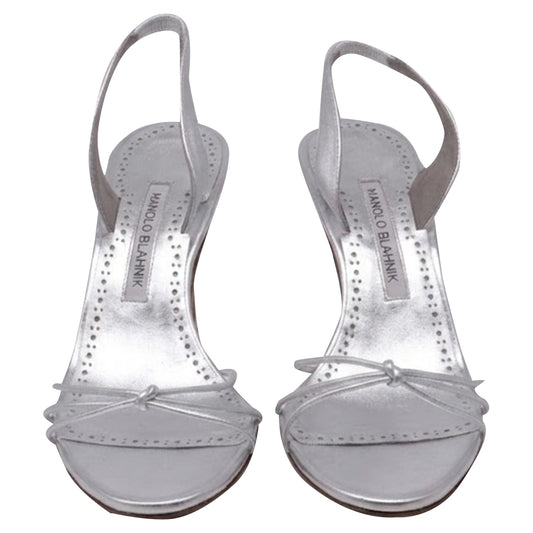 Women's Manolo Blahnik Sareta Slingback Sandal Heels in Silver Leather