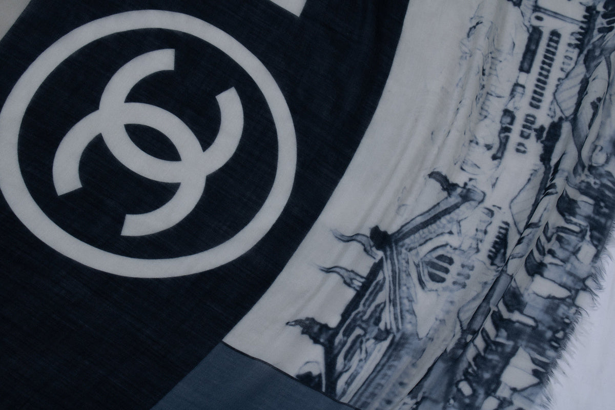 Chanel, Cashmere CC Cinema scarf in blue and white
