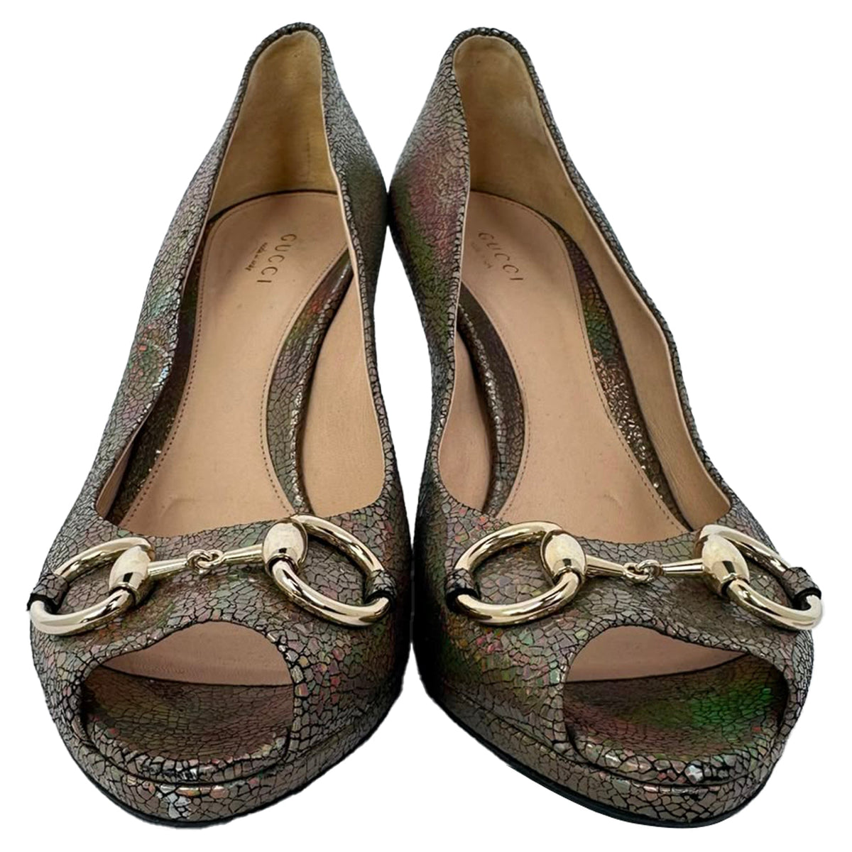 Women's Gucci Holographic Crackle New Hollywood Horsebit Peep Toe Pumps in Gold Leather