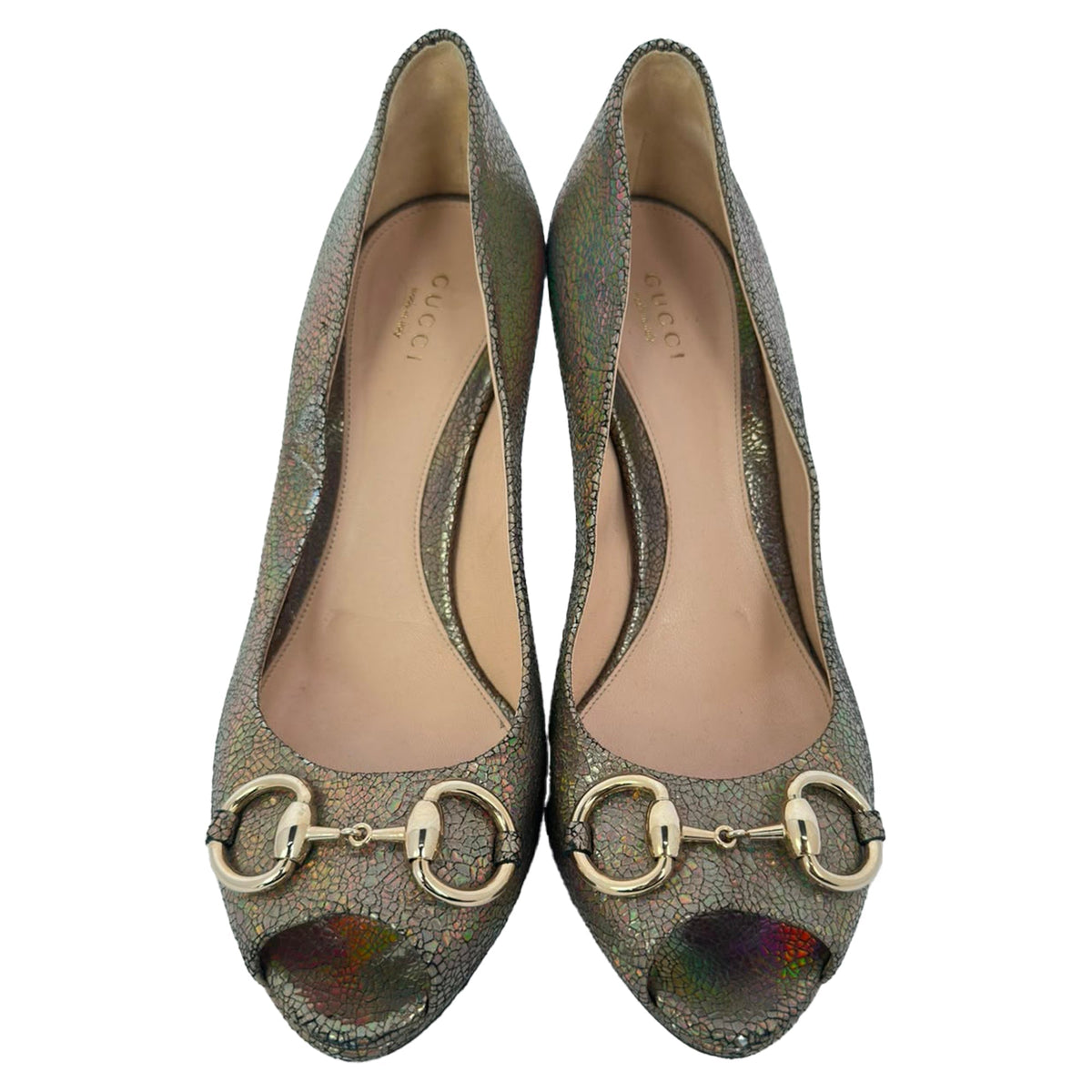 Women's Gucci Holographic Crackle New Hollywood Horsebit Peep Toe Pumps in Gold Leather