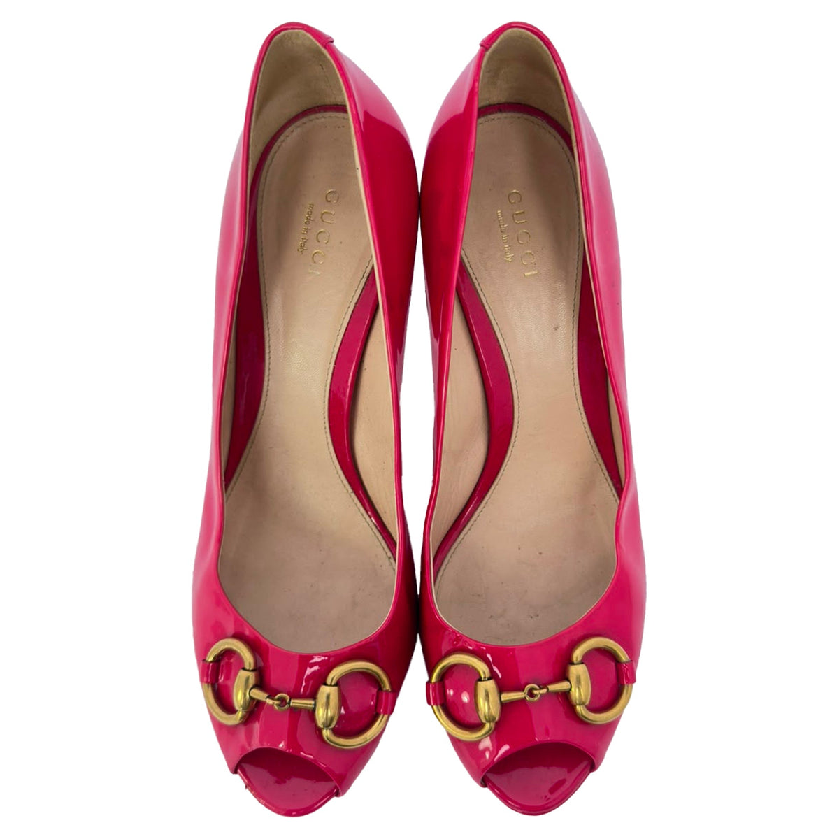 Women's Gucci New Hollywood Horsebit Peep Toe Pumps in Pink Patent Leather