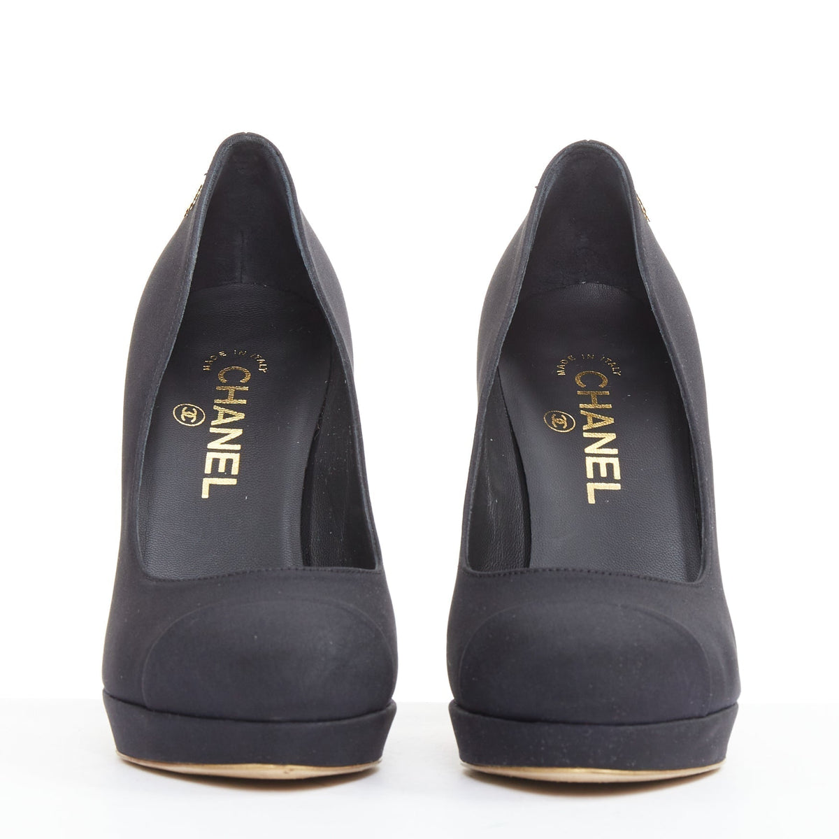 Women's Chanel Satin Gold Bolt Heel Pumps