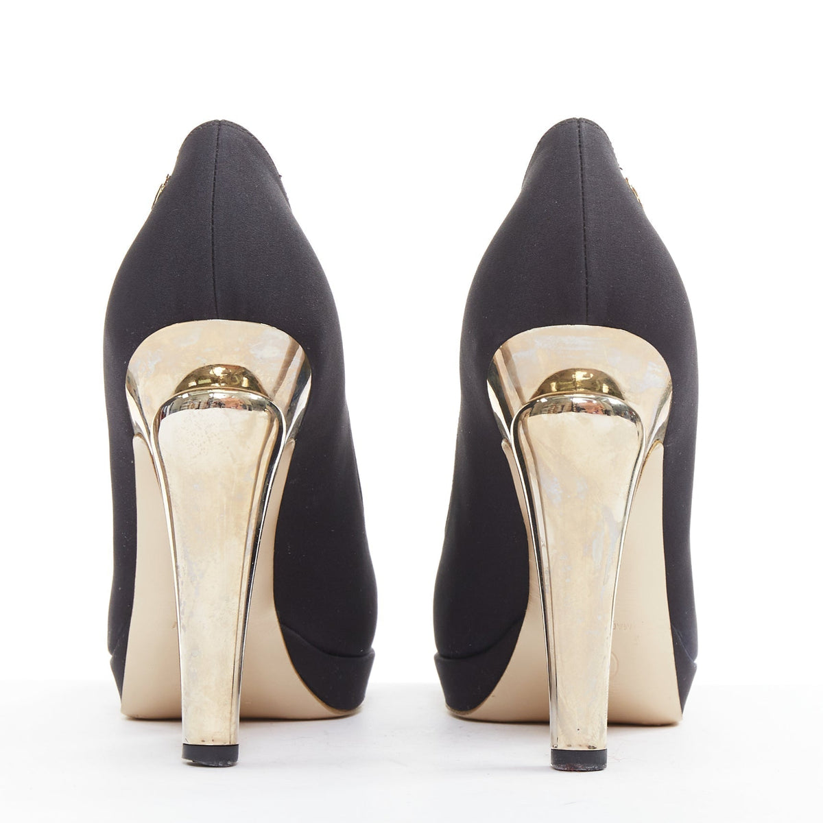Women's Chanel Satin Gold Bolt Heel Pumps