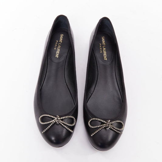 Women's Saint Laurent Leather Crystal Bow Ballet Flats