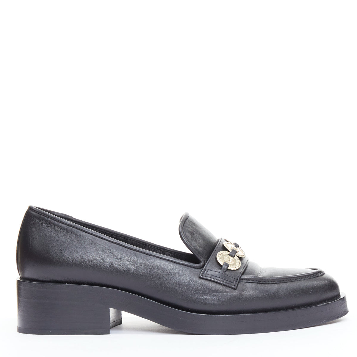 Women's Chanel Leather Gold Logo Loafers