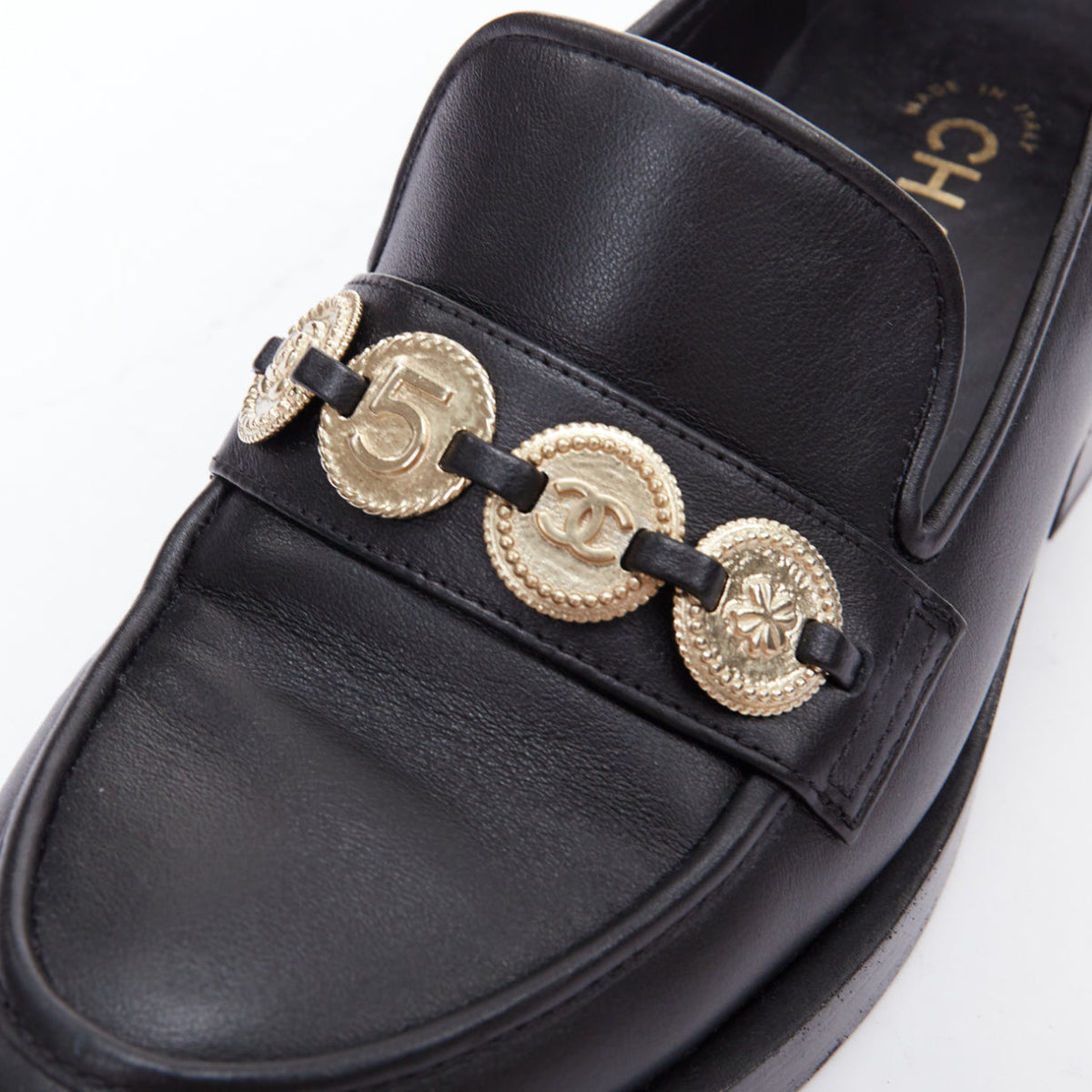 Women's Chanel Leather Gold Logo Loafers