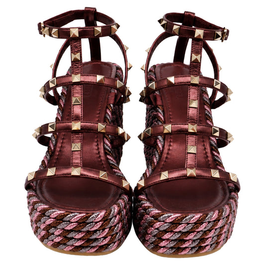 Women's Valentino Garavani 95mm Studded Wedge Sandals in Burgundy Leather