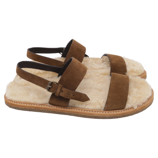 Women's Saint Laurent Shearling-Lined Slingback Strap Sandals in Brown Suede