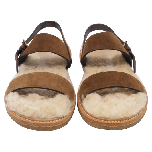 Women's Saint Laurent Shearling-Lined Slingback Strap Sandals in Brown Suede