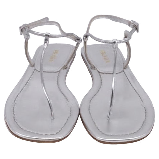 Women's Prada T-Strap Flat Sandals in Metallic Silver Leater