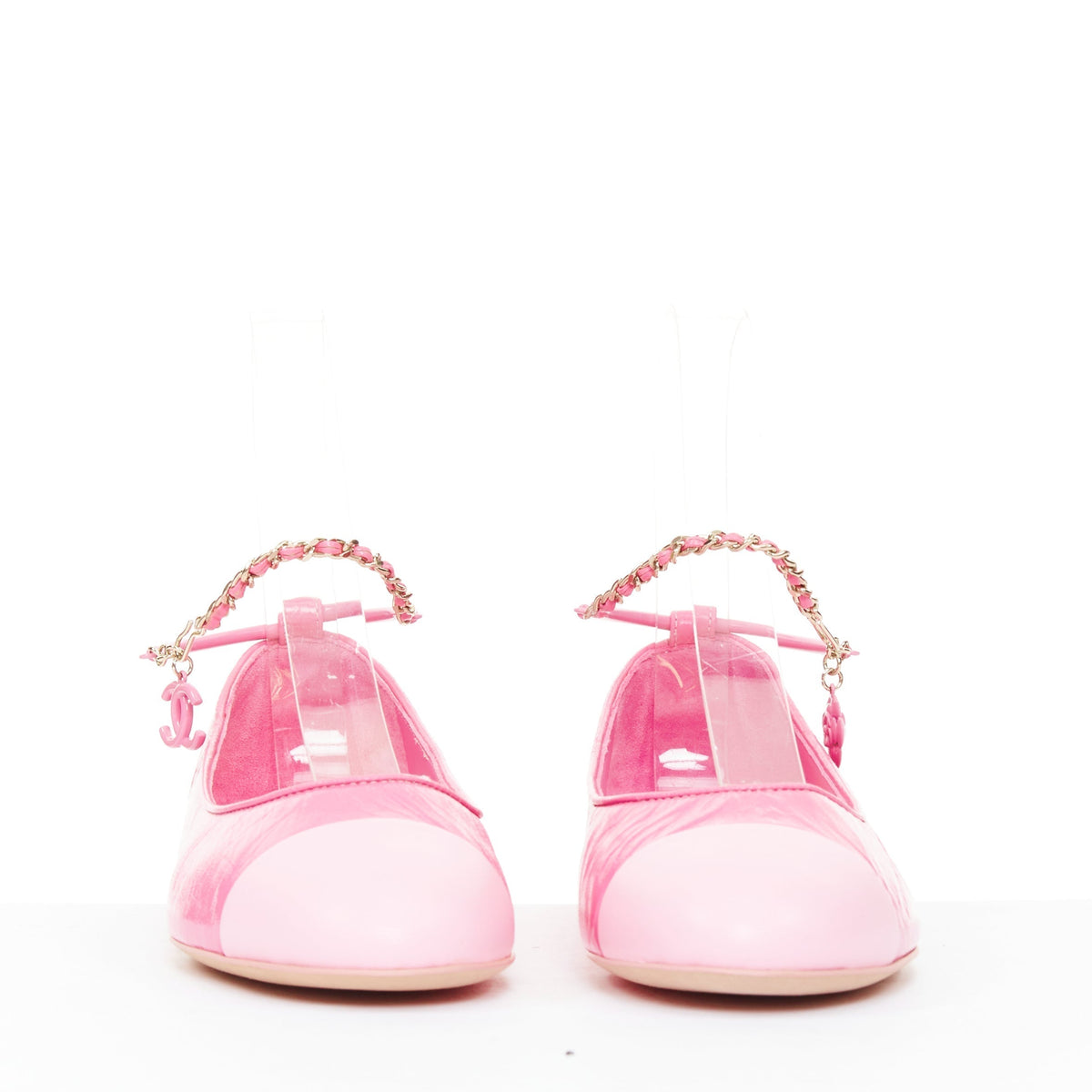 Women's Chanel crinkled leather ankle chain CC charm flats