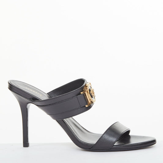 Women's Versace gold buckle black leather sandals
