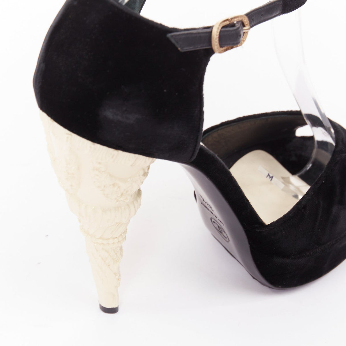 Women's Chanel Corinthian Column architectural heel velvet platform sandals