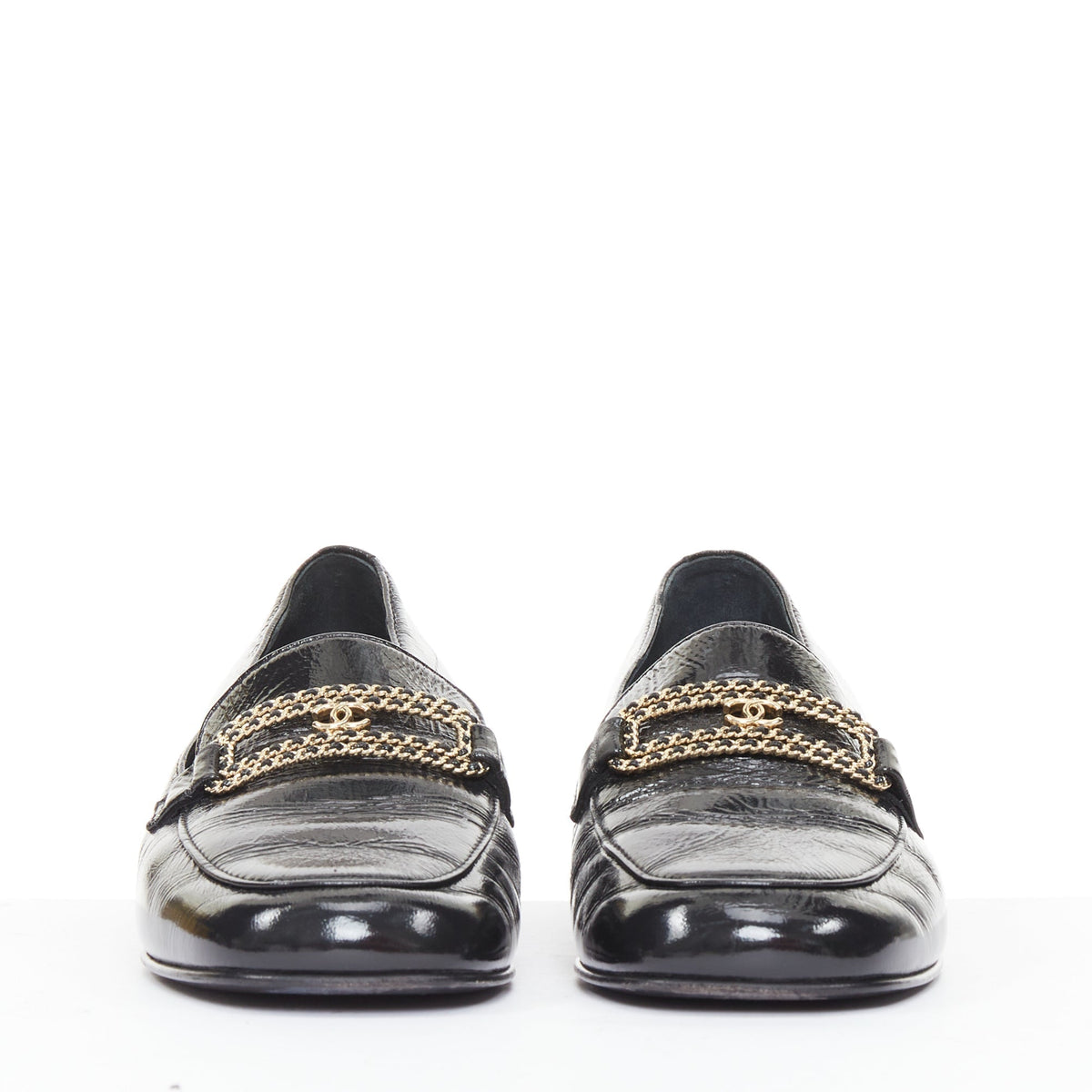 Women's Chanel black textured calfskin gold CC chain link moccasin