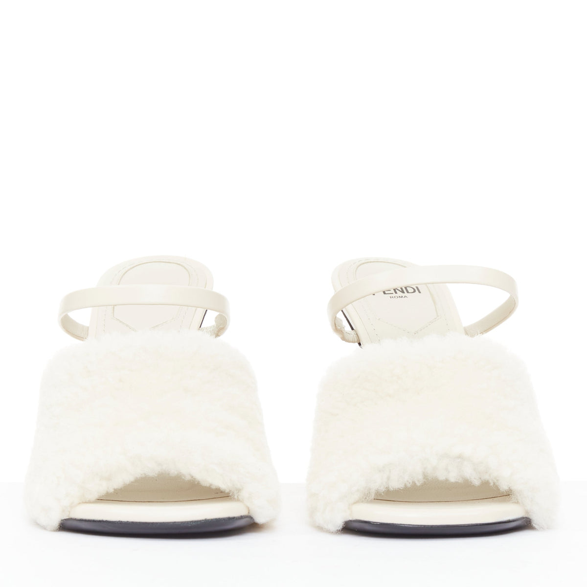 Women's Fendi First cream shearling gold F heel mule sandals