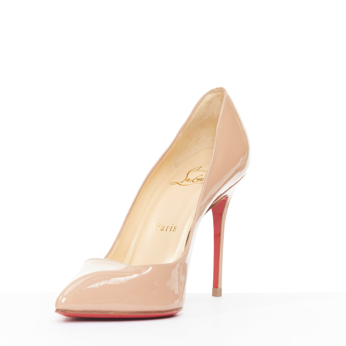 Women's Christian Louboutin Pigalle nude patent leather point toe pumps