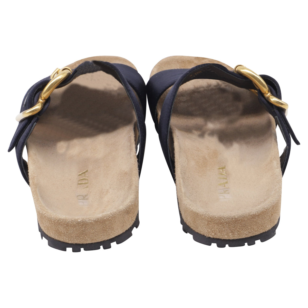 Women's  Prada Double-Strap Slide Sandals in Black Satin