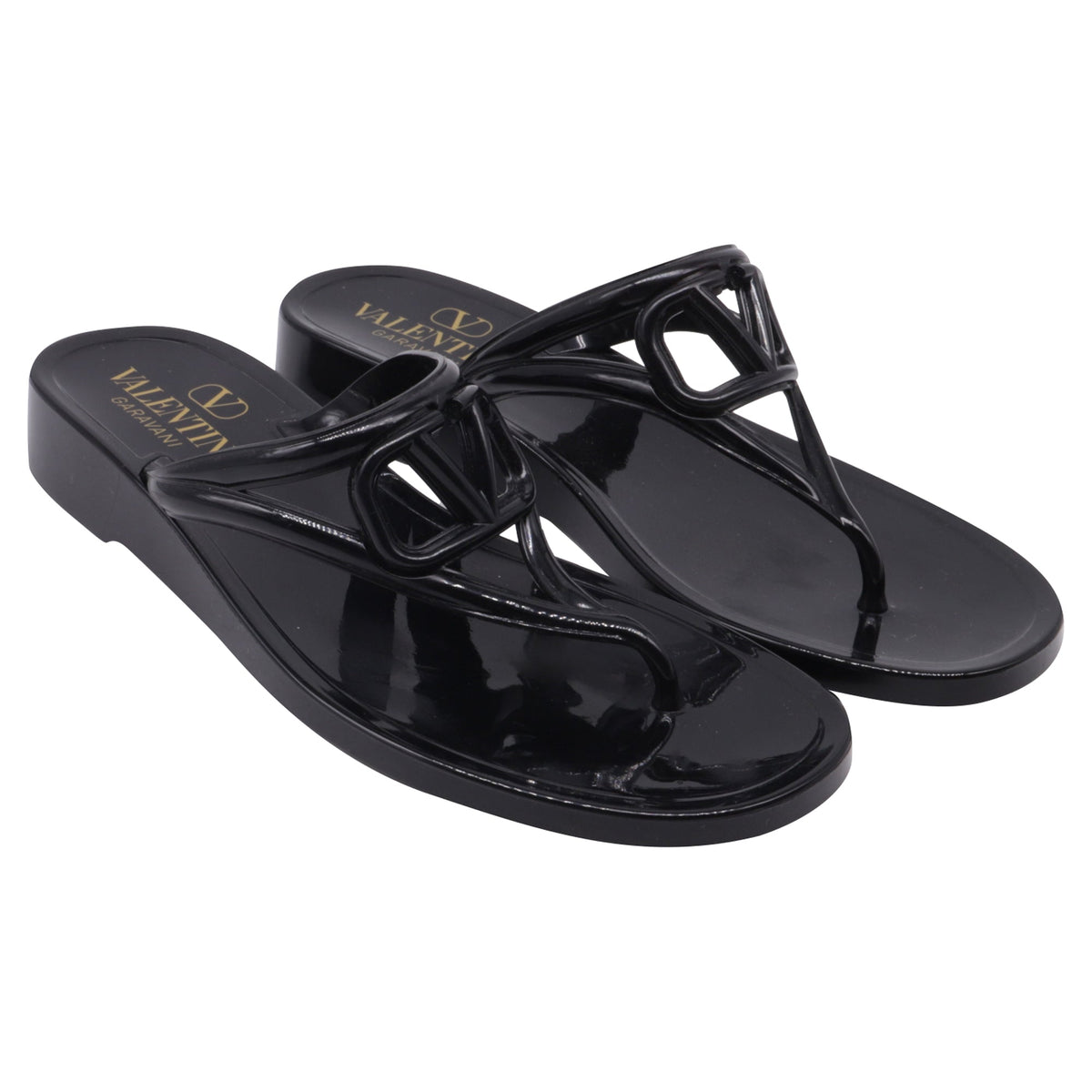 Women's  Valentino Garavani VLogo Thong Slide Sandals in Black Rubber