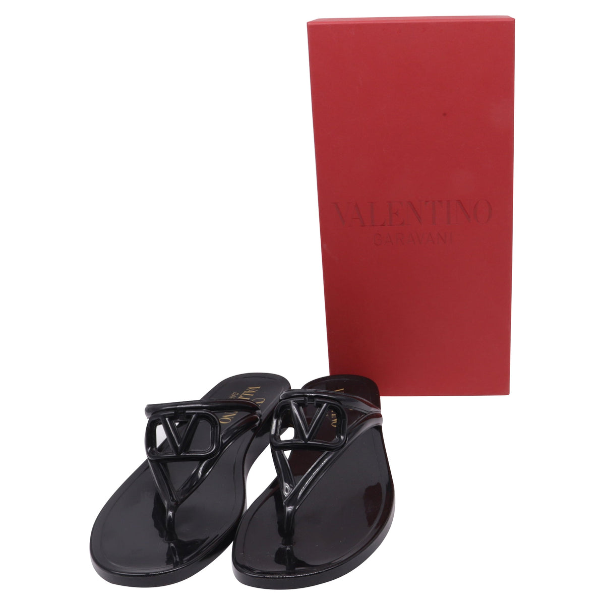 Women's  Valentino Garavani VLogo Thong Slide Sandals in Black Rubber