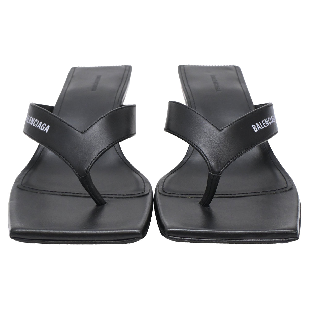 Women's  Balenciaga Square-Toe Kitten-Heel Thong Sandals in Black Leather