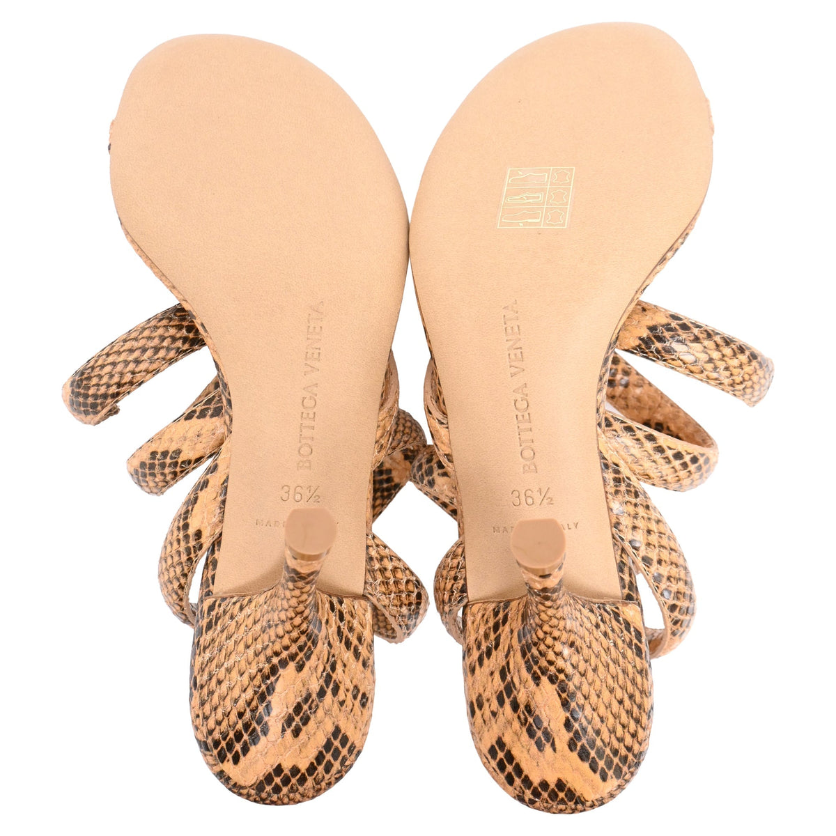 Women's  Bottega Veneta Snakeskin-Effect Wrap Around Sandal Heels in Brown Leather