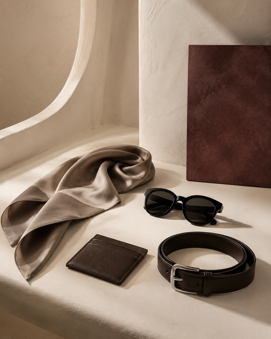 Unbranded silk and leather accessories in an ivory gallery