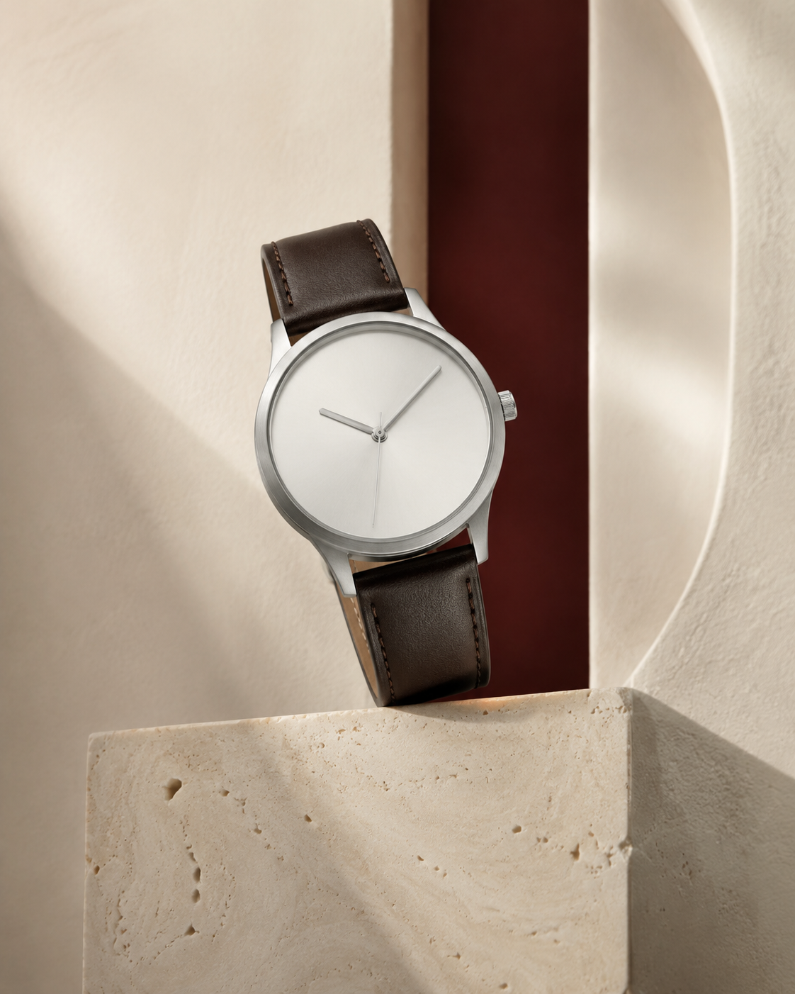 Unbranded minimalist wristwatch in an ivory gallery